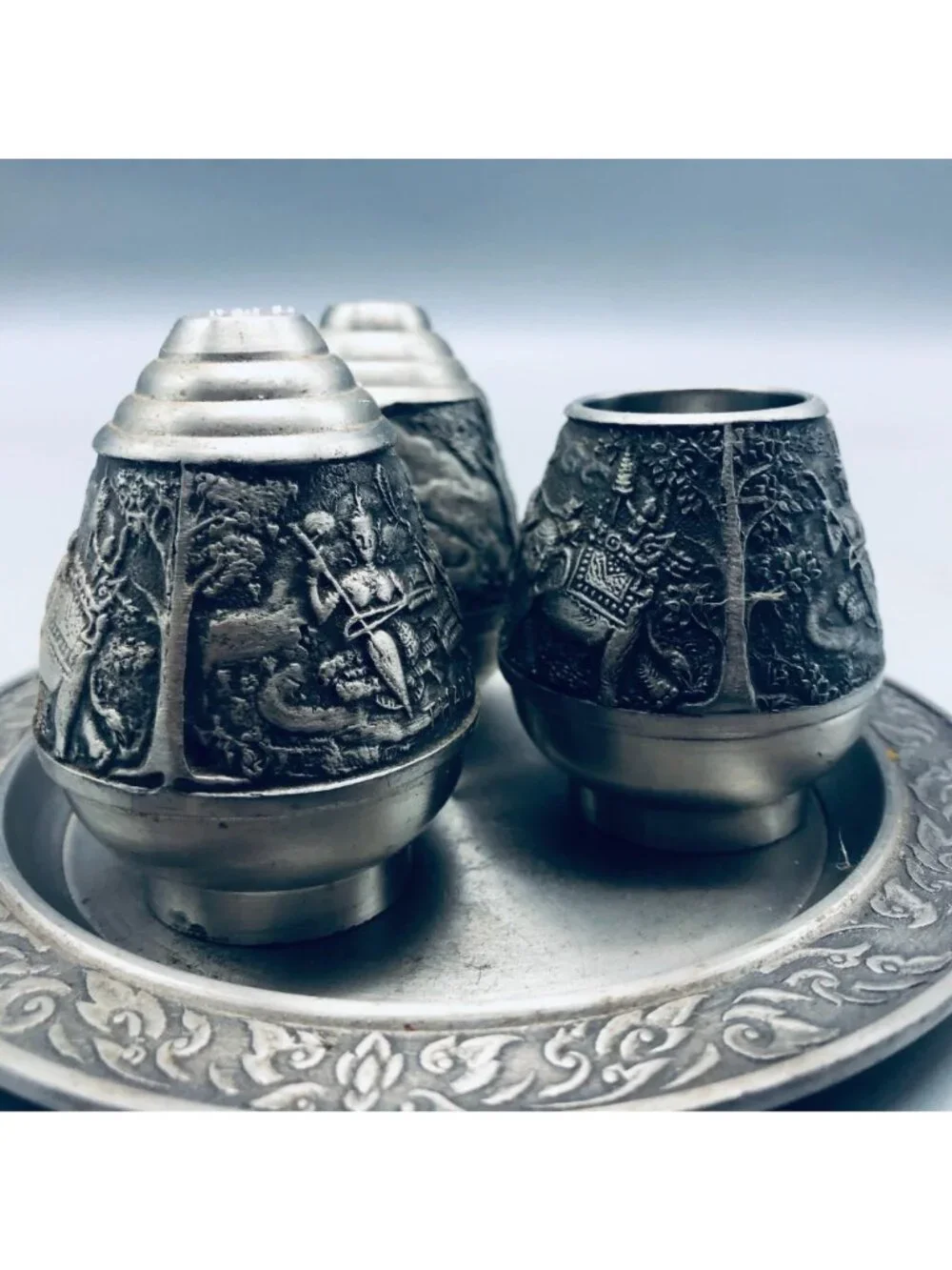 vintage Thailand metal salt & pepper shaker tooth pick holder tray elephant